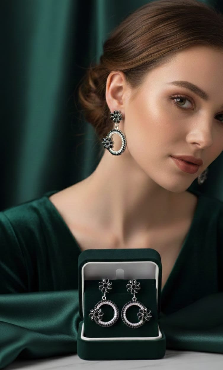 Black Floral Crystal Hoop Drop Earrings