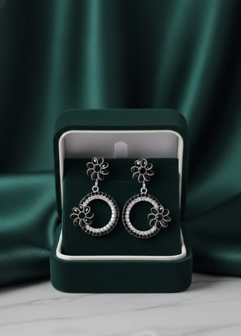 Black Floral Crystal Hoop Drop Earrings