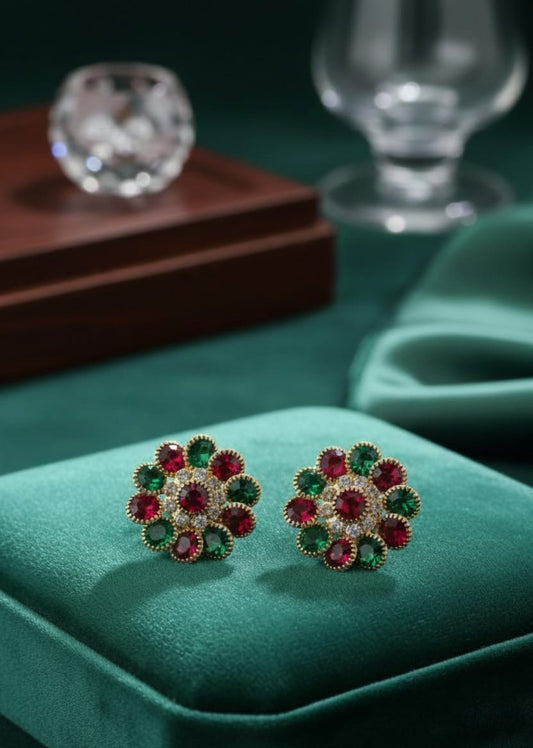 Ruby & Emerald Floral Cluster Stud Earrings