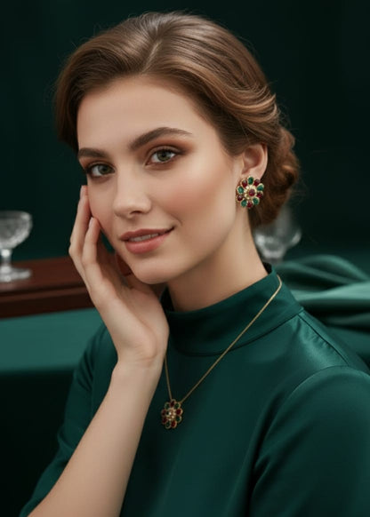 Ruby & Emerald Floral Cluster Stud Earrings