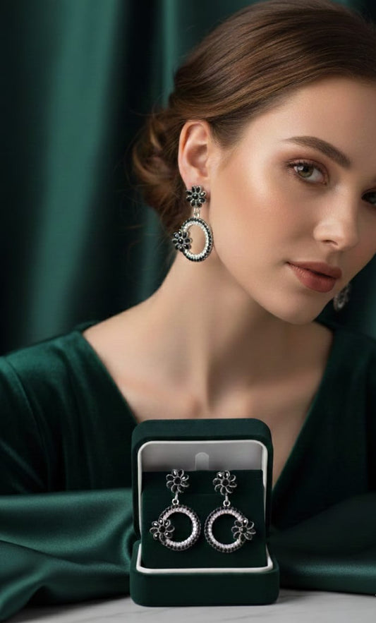 Black Floral Crystal Hoop Drop Earrings