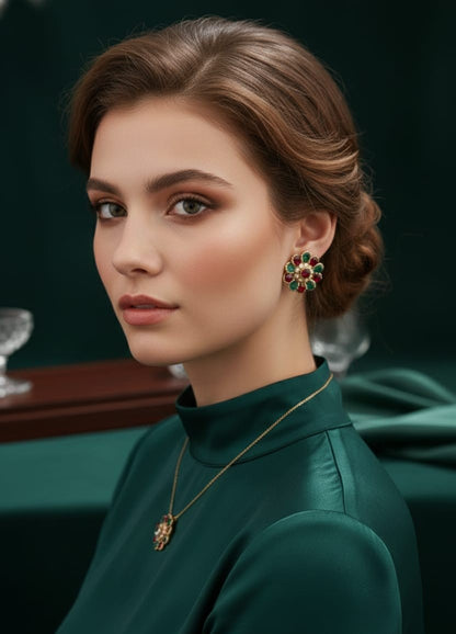 Ruby & Emerald Floral Cluster Stud Earrings