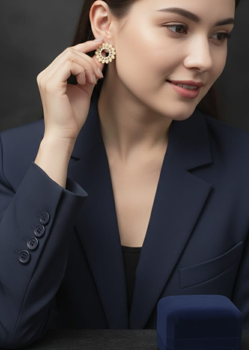 Golden Pearl Floral Circle Stud Earrings