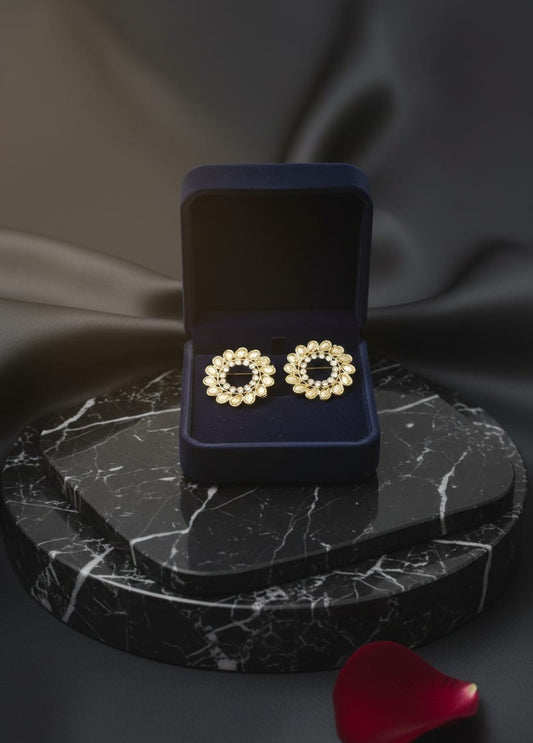 Golden Pearl Floral Circle Stud Earrings